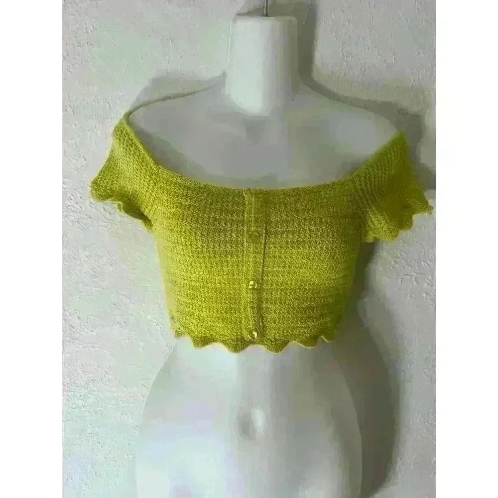 Zara Women's Off The Shoulder Cropped Sweater Size Small Lime Green Stretch Knit